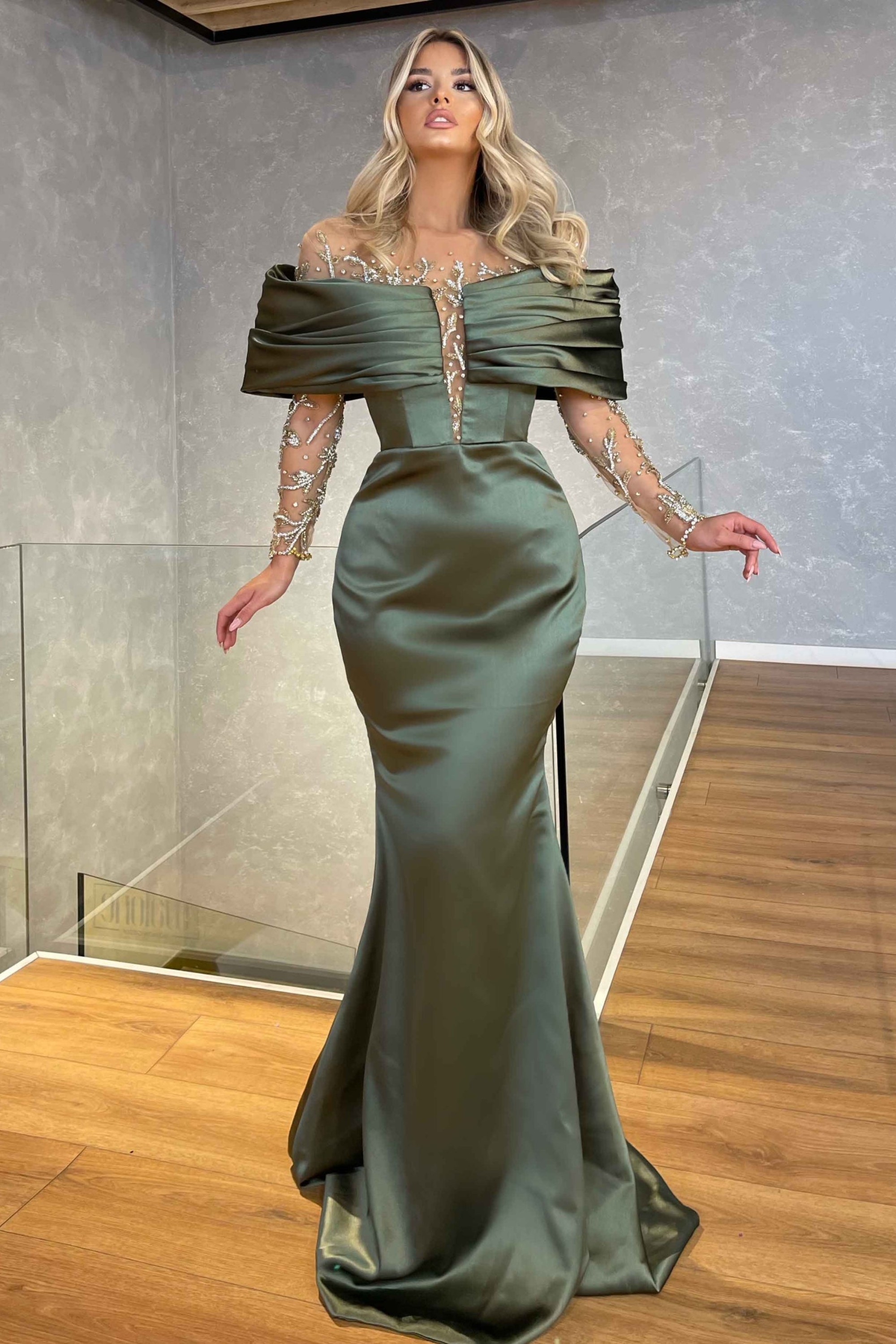 Green Prom Dress Off the Shoulder Long Sleeves Beading Embellished