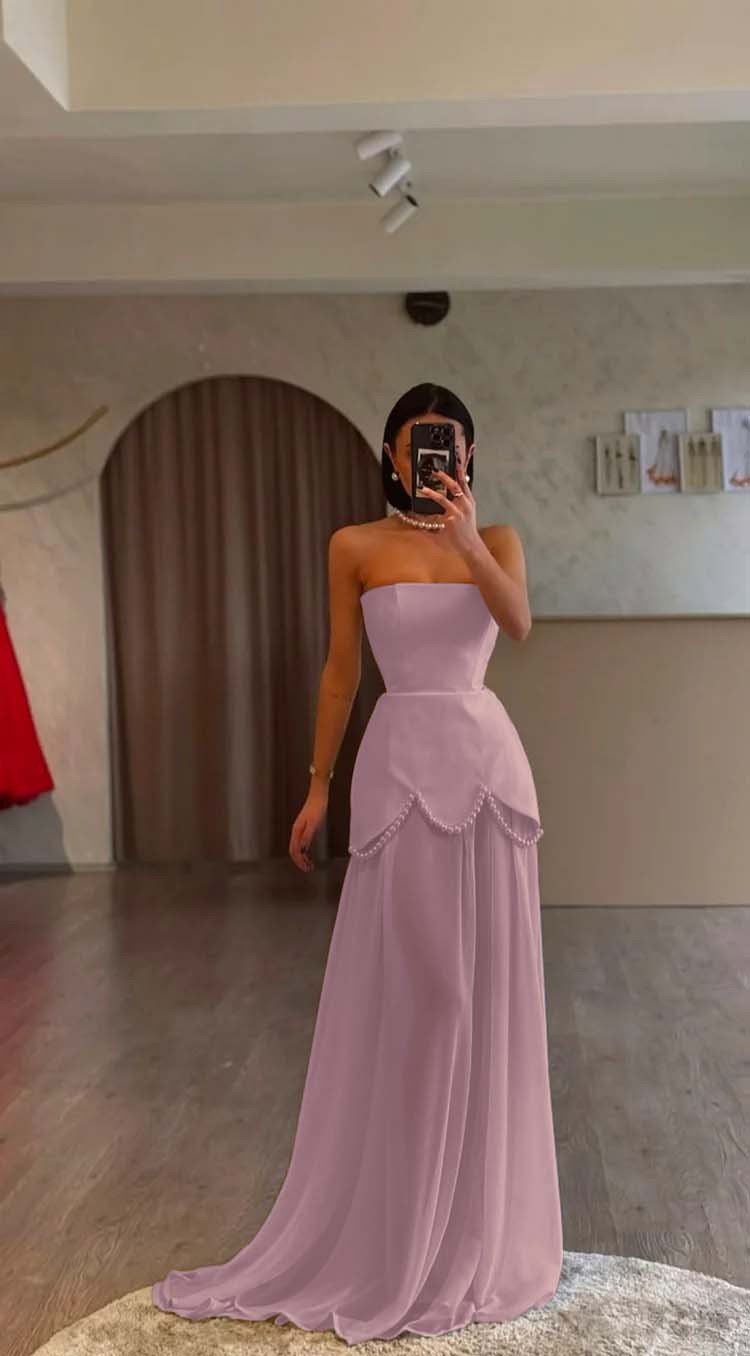 White Strapless Sleeveless Long Prom Dress With Pleated Beading