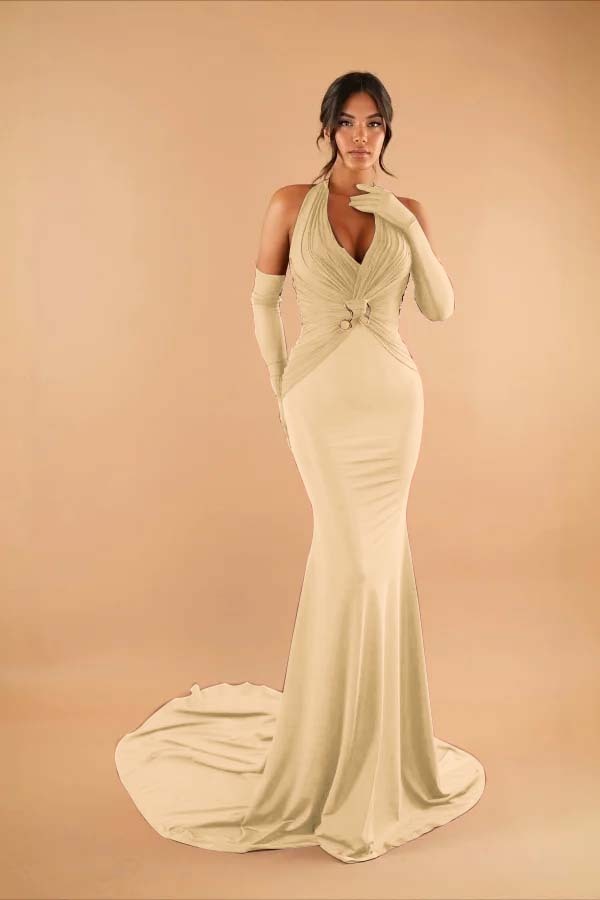 Halter Sleeveless Long Mermaid Prom Dress With Pleated Gloves