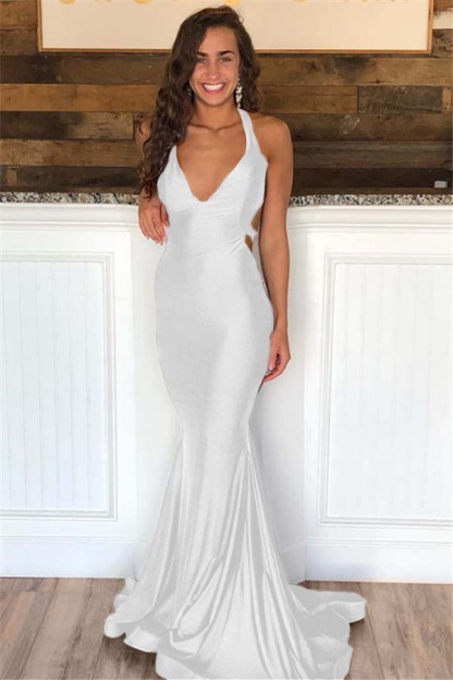 Halter V Neck Sleeveless Long Mermaid Prom Dress With Pleated