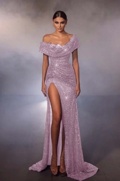 Off the Shoulder Sleeveless Long Split Prom Dress With Beading
