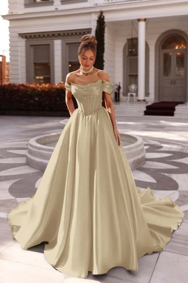 Off the Shoulder Sleeveless Long Prom Dress With Pleated Beading