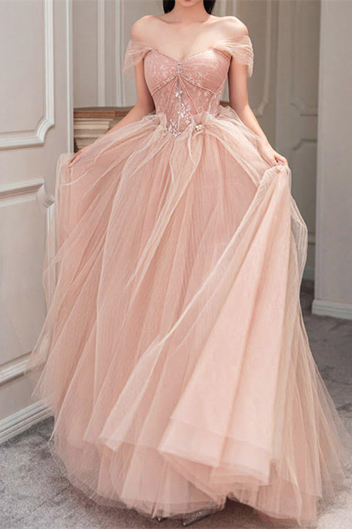 Pink Off the Shoulder Sleeveless Long Prom Dress Sweetheart With Pearls
