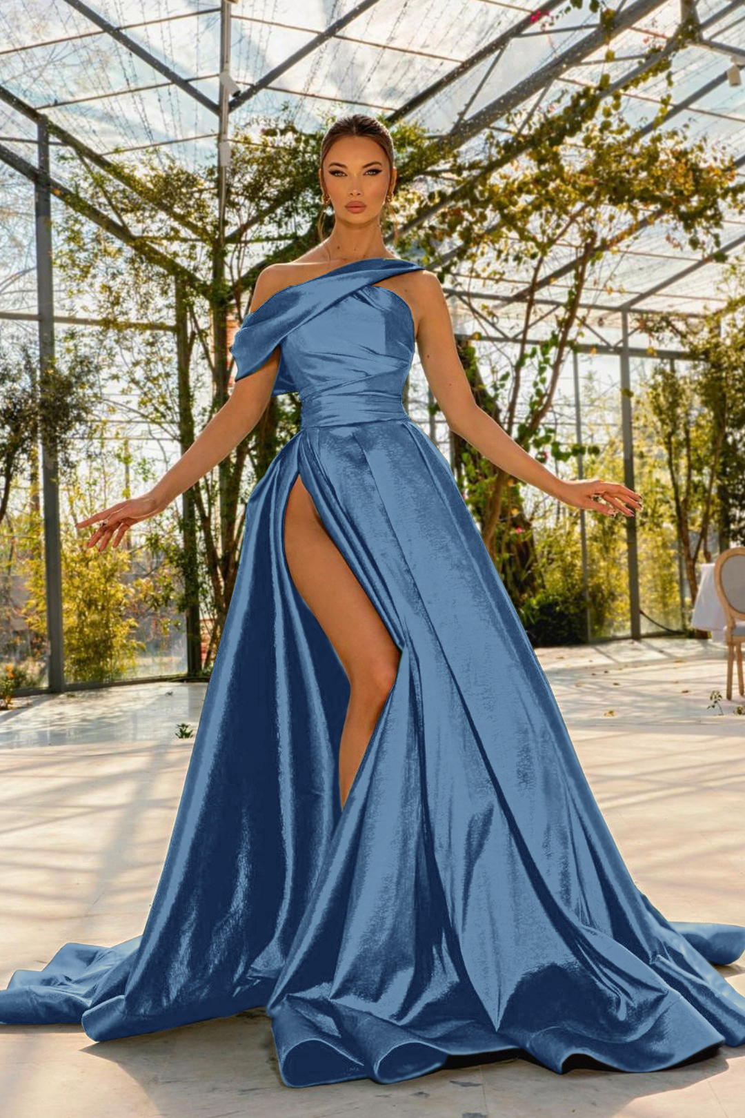 Green Sleeveless Prom Dress One Shoulder Satin With High Split