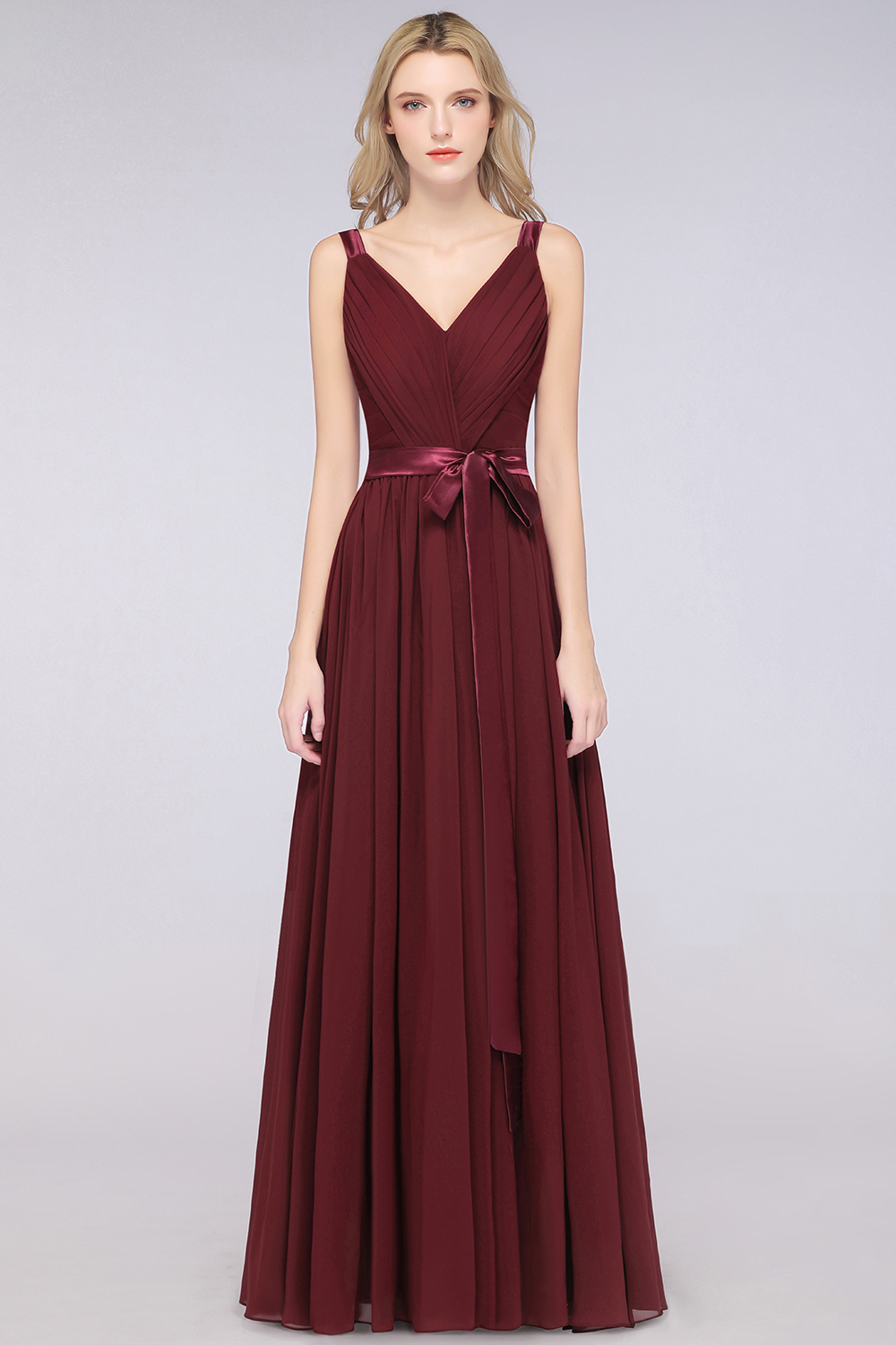 BMbridal Chic V-Neck Straps Ruffle Burgundy Bridesmaid Dresses with Bow Sash-BMbridal