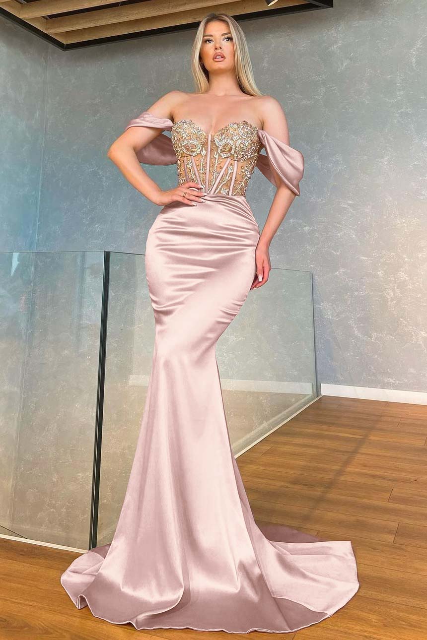 Stunning Pink Mermaid Off the Shoulder Long Prom Dress With Appliques