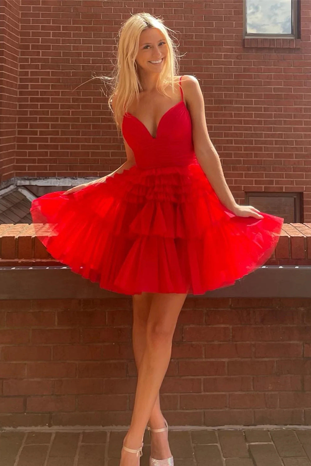 Glitter Navy Tiered Spaghetti Straps Short Homecoming Dress