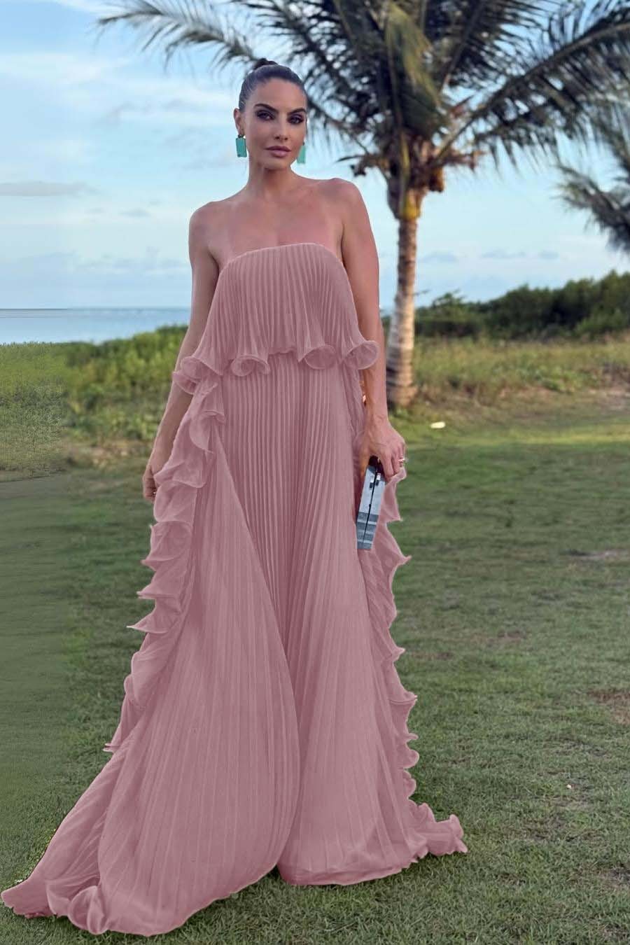 Charming Strapless Sleeveless Long Prom Dress With Pleated Ruffle