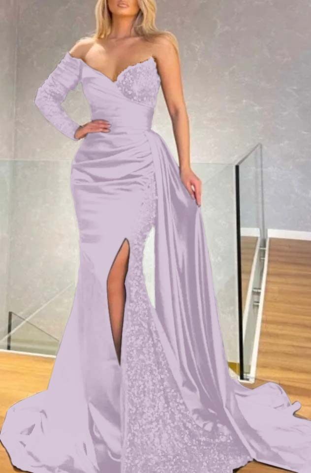 Long Sleeve Strapless Long Split Prom Dress With Pleated Sequins