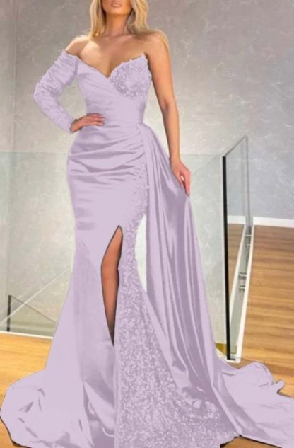 Long Sleeve Strapless Long Split Prom Dress With Pleated Sequins