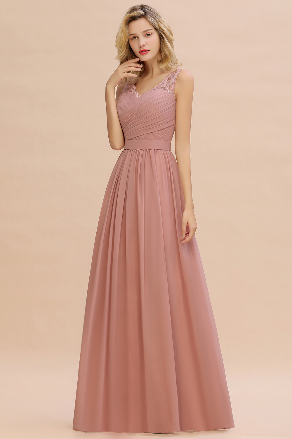 BMbridal Elegant V-Neck Ruffle Dusty Rose Chiffon Lace Bridesmaid Dresses Online-BMbridal