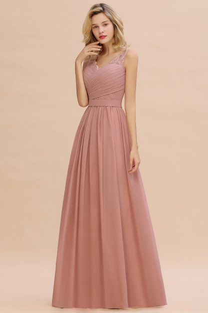 BMbridal Elegant V-Neck Ruffle Dusty Rose Chiffon Lace Bridesmaid Dresses Online-BMbridal