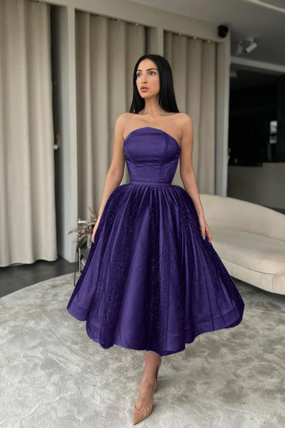 Black Tulle Strapless Sleeveless Tea Length A Line Prom Dress