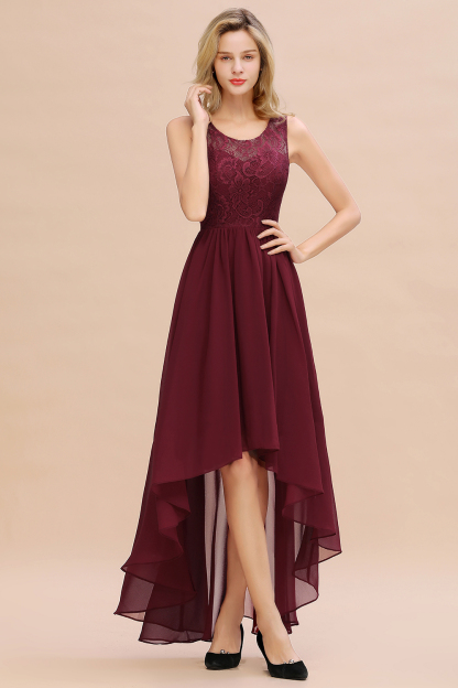 BMbridal Affordable Hi-Lo Lace Sleeveless Burgundy Chiffon Bridesmaid Dress Online-BMbridal