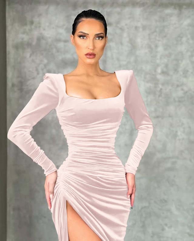 Mermaid Burgundy Long Sleeves Square Neck Prom Dress With High Split