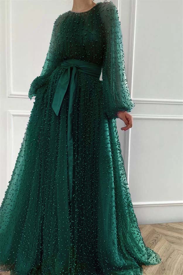 Long Sleeves Long Jewel Neck Prom Dress With Pleated Beading