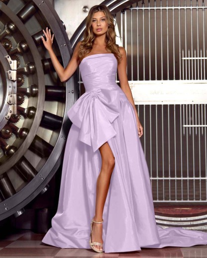 Hot Pink Strapless Sleeveless Pleated Split Prom Dress With Bowknot