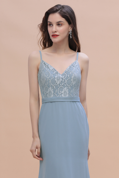 BMbridal Elegant Mermaid Chiffon Lace Dusty Blue Bridesmaid Dress with Spaghetti Straps On Sale-BMbridal