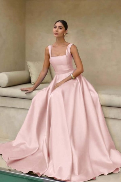 Stain Straps Sleeveless A Line Long Prom Dress With Pleated