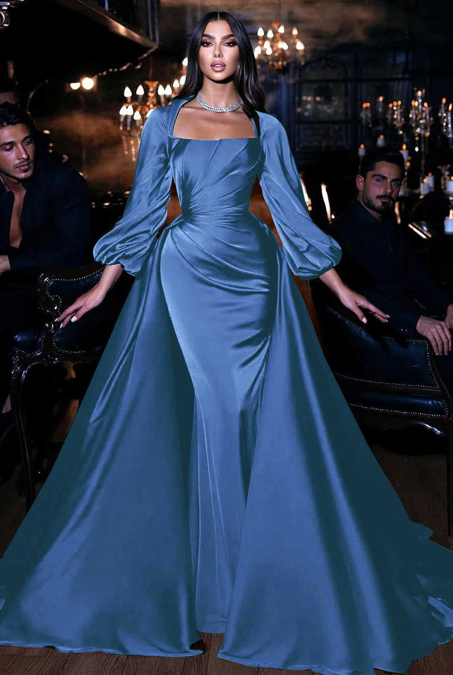 Square Emerald Long Sleeves Pleated Long Mermaid Prom Dress With Ruffles