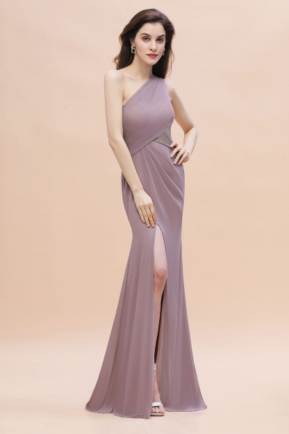 BMbridal Chic One-Shoulder Dusk Chiffon Lace Ruffle Bridesmaid Dress with Front Slit On Sale-BMbridal