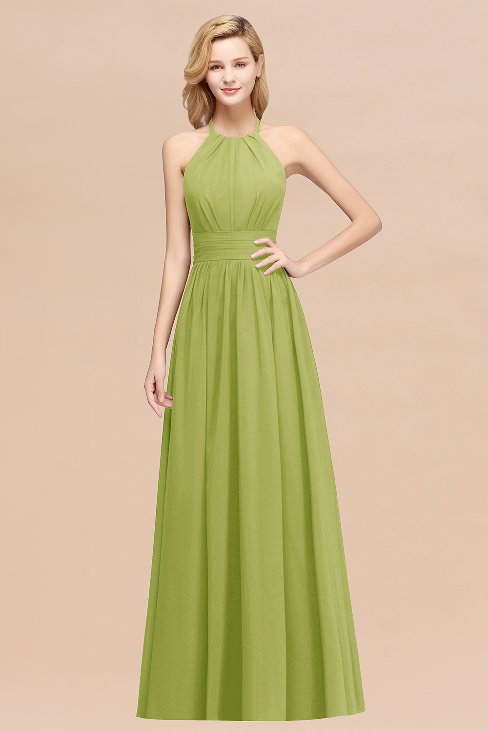 BMbridal Elegant High-Neck Halter Long Affordable Bridesmaid Dresses with Ruffles-BMbridal