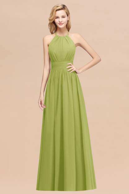 BMbridal Elegant High-Neck Halter Long Affordable Bridesmaid Dresses with Ruffles-BMbridal