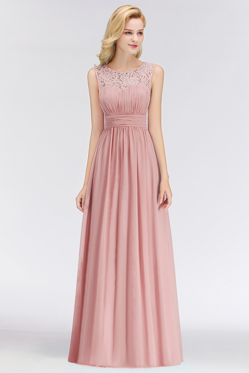 BMbridal Elegant Lace Scoop Bridesmaid Dress Dusty Rose Chiffon Sleeveless Wedding party Dress-BMbridal