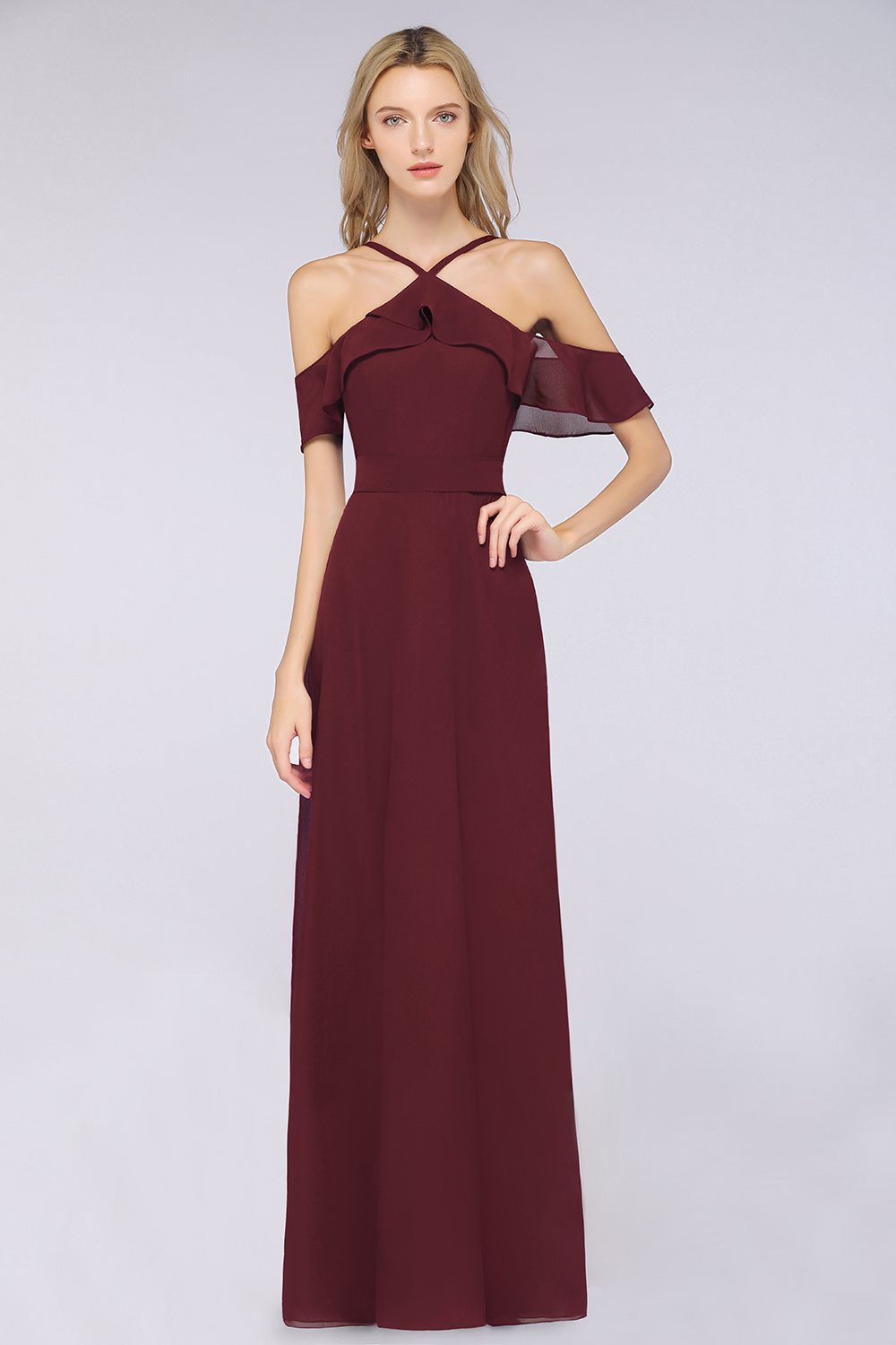 BMbridal Affordable Spaghetti Straps Burgundy Long Bridesmaid Dress With Bow Sash-BMbridal