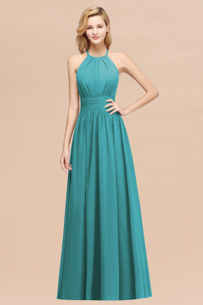BMbridal Elegant High-Neck Halter Long Affordable Bridesmaid Dresses with Ruffles-BMbridal