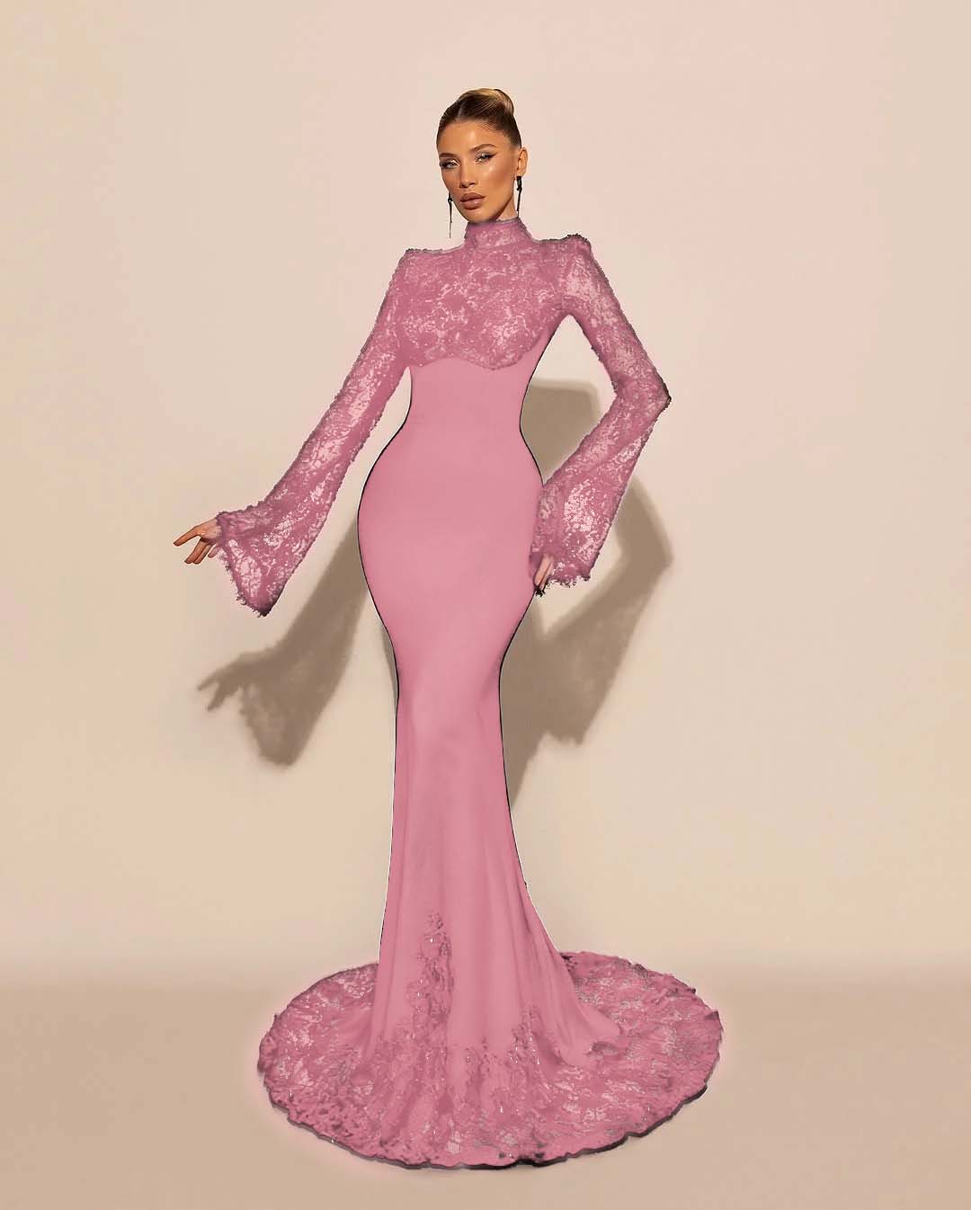 High Neck Lace Long Sleeves Long Mermaid Prom Dress With Pleated