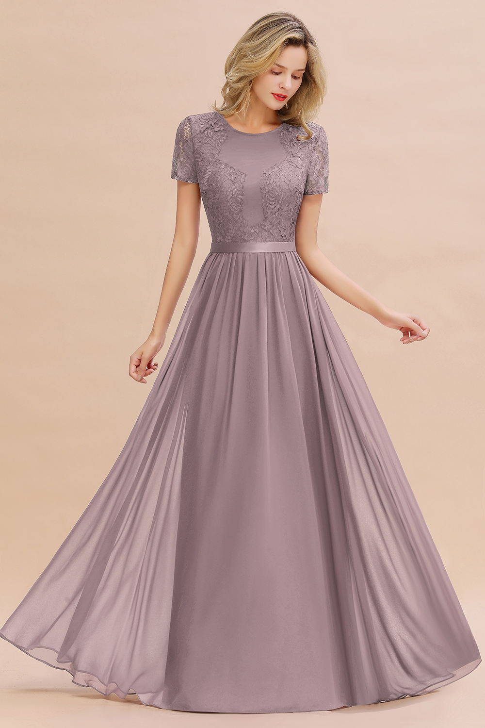 BMbridal Elegant Chiffon Lace Jewel Short-Sleeves Affordable Bridesmaid Dress-BMbridal