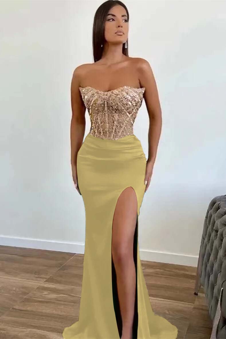 Green Appliques Beadings Mermaid Long Prom Dress Front Split With Strapless