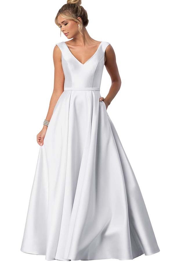 Straps V Neck Sleeveless Long Prom Dress With Pockets Pleated