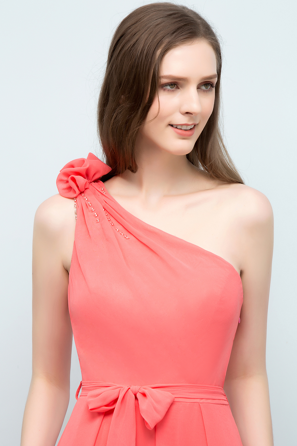 BMbridal Chic One Shoulder Flower Long Bridesmaid Dresses with Bow Sash-BMbridal
