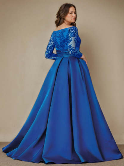 Off-the-Shoulder A-Line Floor-Length Mother of the Bride Dress with 3/4 Sleeves and Side Split