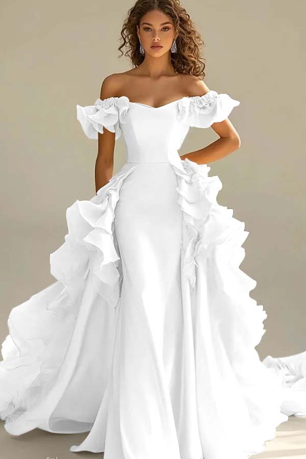 Off the Shoulder Sleeveless Long Mermaid Prom Dress With Ruffles