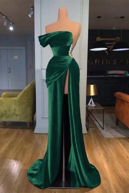 Royal Blue Velvet Sleeveless Strapless Long Split Mermaid Prom Dress With Beading