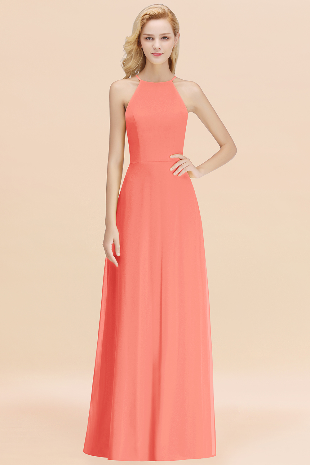 BMbridal Modest High-Neck Yellow Chiffon Affordable Bridesmaid Dresses Online-BMbridal