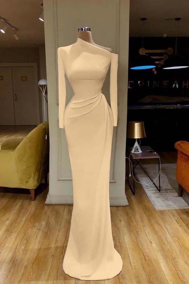 Charming White One Shoulder Mermaid Long Sleeves Prom Dress With Pleated