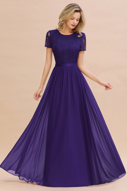 BMbridal Elegant Chiffon Lace Jewel Short-Sleeves Affordable Bridesmaid Dress-BMbridal