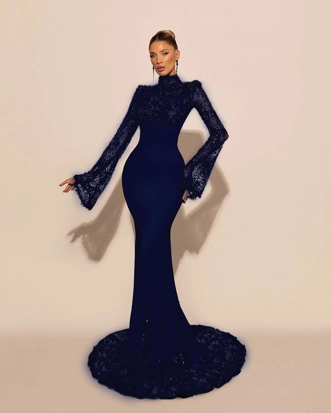 High Neck Lace Long Sleeves Long Mermaid Prom Dress With Pleated