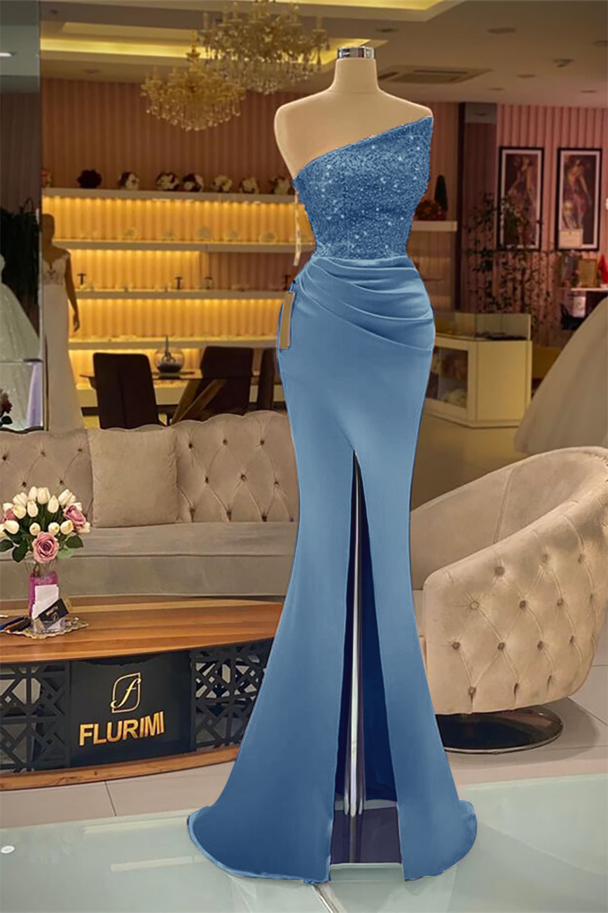 Sleeveless Strapless Mermaid Prom Dress Long Split With Sequins