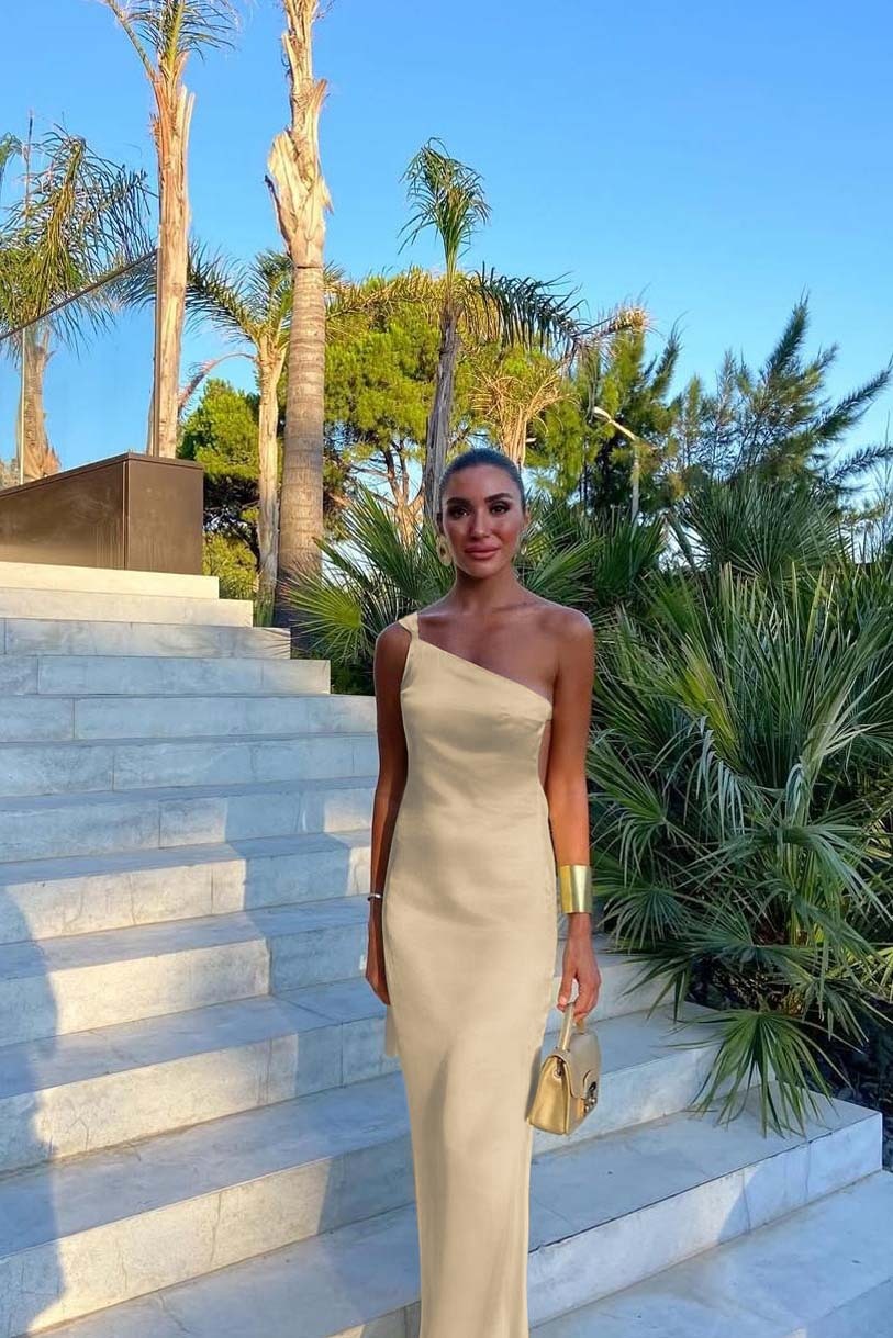 One Shoulder Backless Sleeveless Long Prom Dress With Pleated