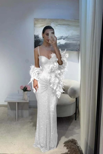 Spaghetti Strap Sleeveless Long Mermaid Prom Dress With Sequins