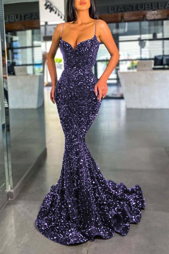 Spaghetti Strap Sleeveless Long Mermaid Prom Dress With Sequins