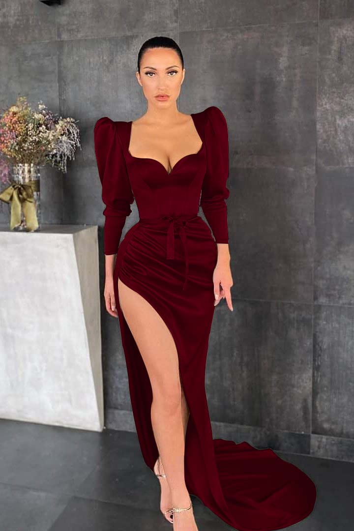 Glamorous Dusty Sage Long Sleeves Pleated Long Prom Dress Split With Belt