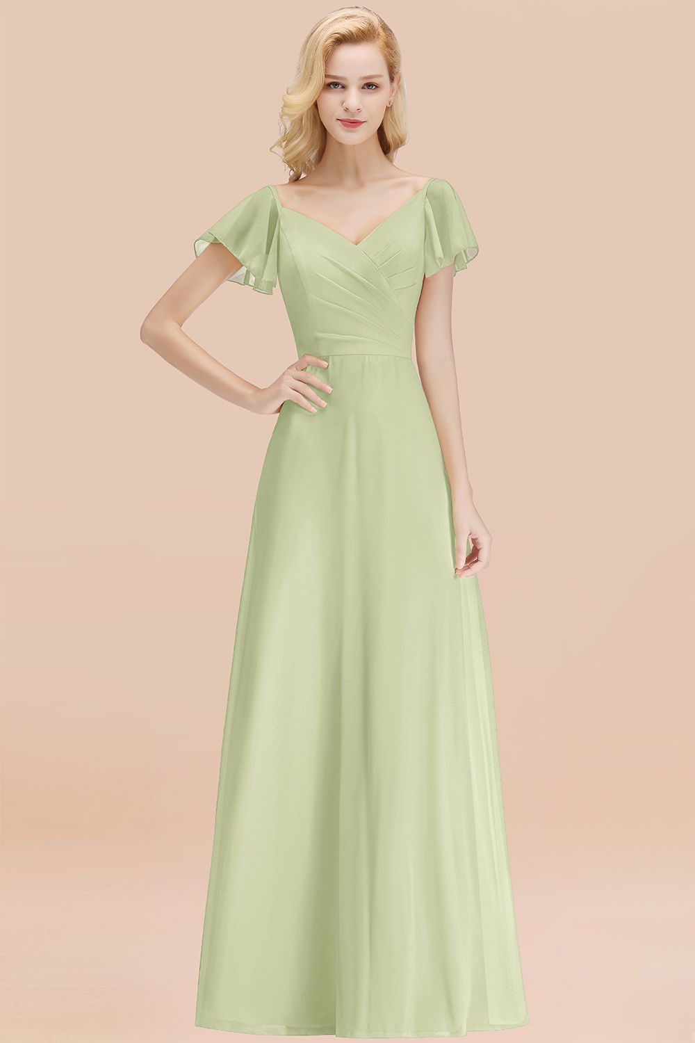 BMbridal Elegent Short-Sleeve Long Bridesmaid Dress Online Yellow Chiffon Wedding Party Dress-BMbridal