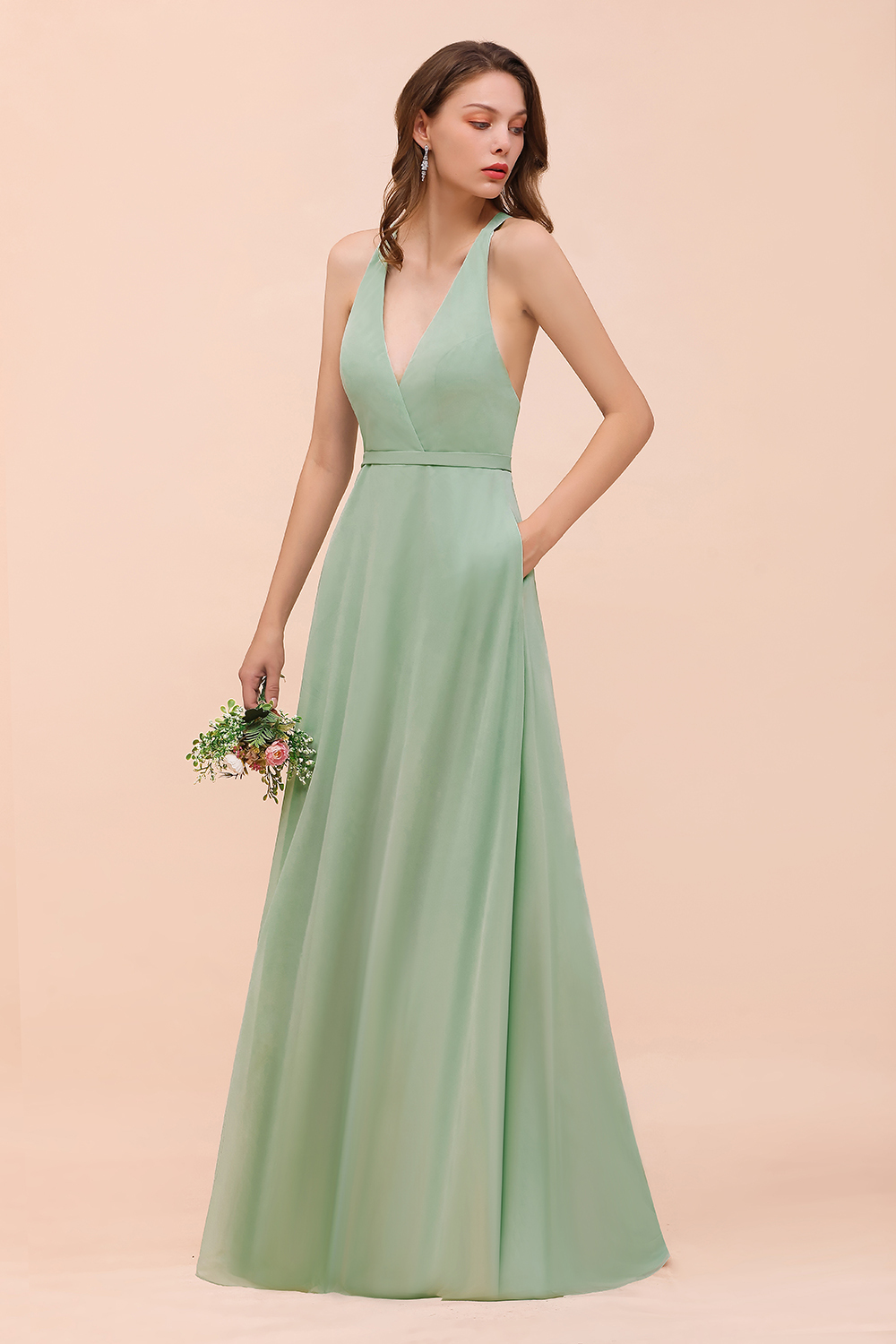 BMbridal Glamorous Dusty Sage V-Neck Straps Affordable Bridesmaid Dress-BMbridal