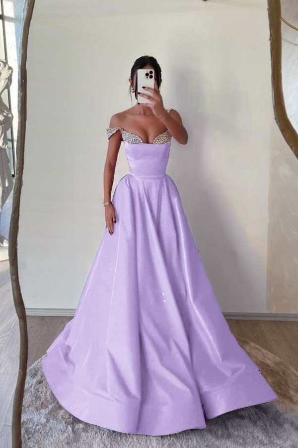 Off the Shoulder Sleeveless Long Prom Dress With Beading Pleated